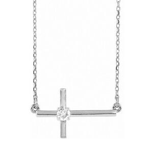 14K White Gold & .06 Ct Diamond Sideways Cross Necklace, 16-18 Inch